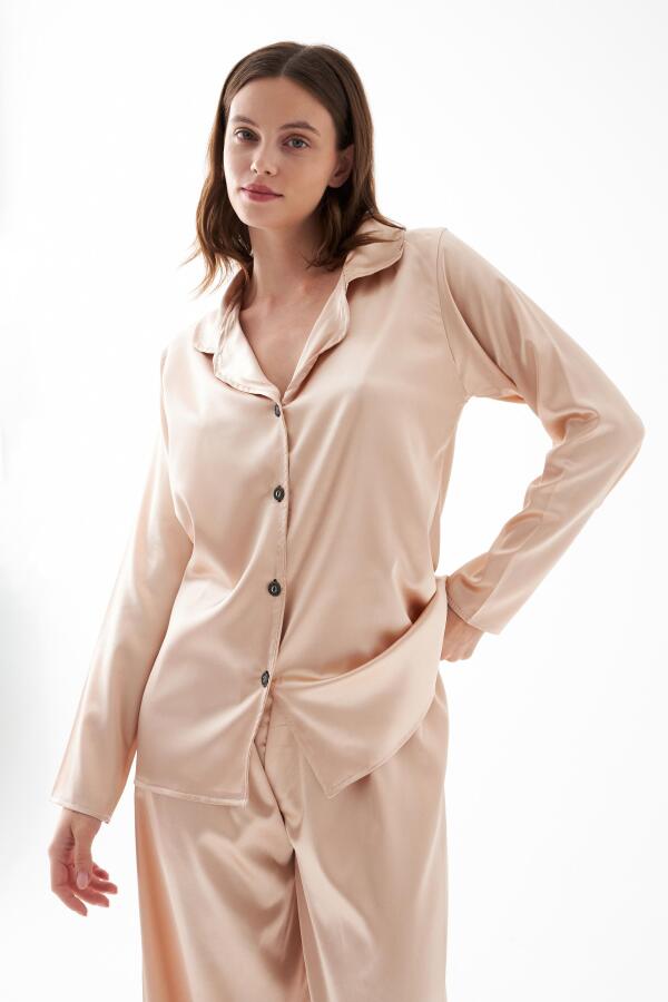 Kadın Bej Oversize Saten Pijama Takımı - 1