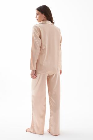 Kadın Bej Oversize Saten Pijama Takımı - 5