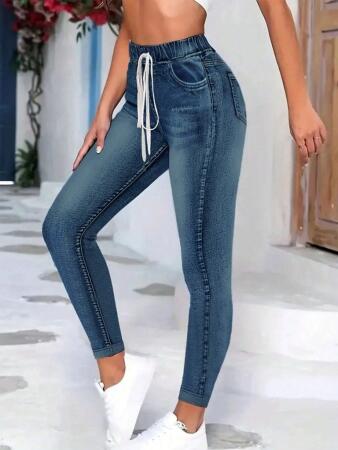 Kadın Belden Bağlamalı Cepli Yüksek Bel Kot Pantolon - ANGELINO BuyukBedeniz