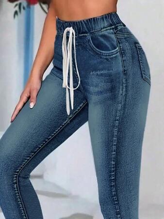 Kadın Belden Bağlamalı Cepli Yüksek Bel Kot Pantolon - ANGELINO BuyukBedeniz (1)