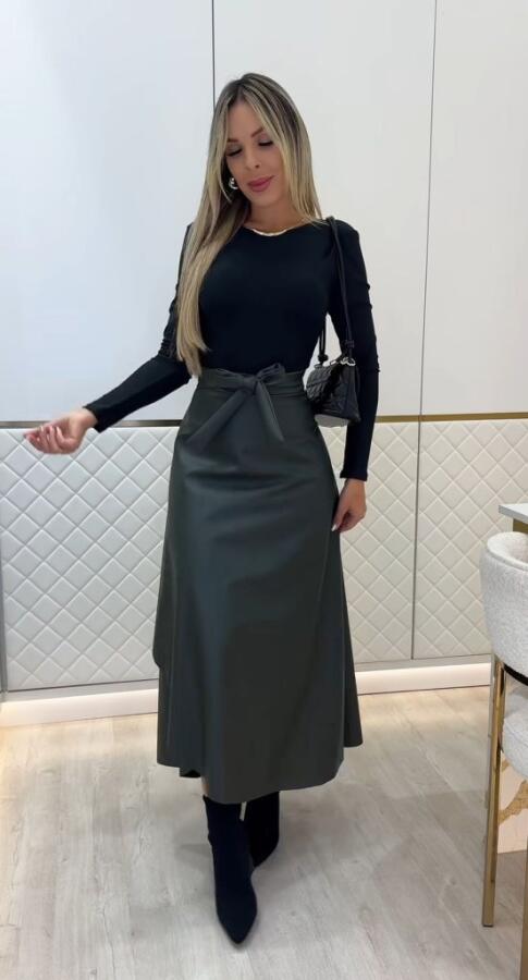Kadın Belden Kuşaklı Uzun Deri Etek - 1