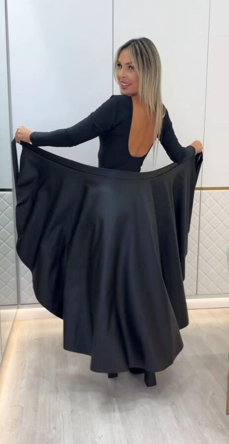 Kadın Belden Kuşaklı Uzun Deri Etek - 2