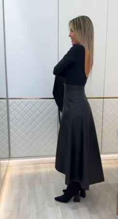 Kadın Belden Kuşaklı Uzun Deri Etek - 3