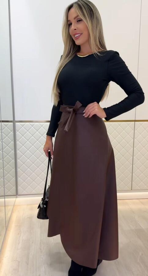 Kadın Belden Kuşaklı Uzun Deri Etek - 1