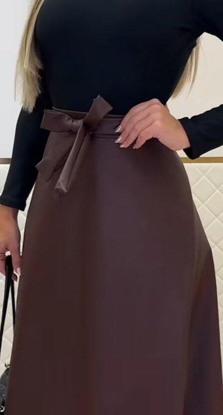Kadın Belden Kuşaklı Uzun Deri Etek - 2