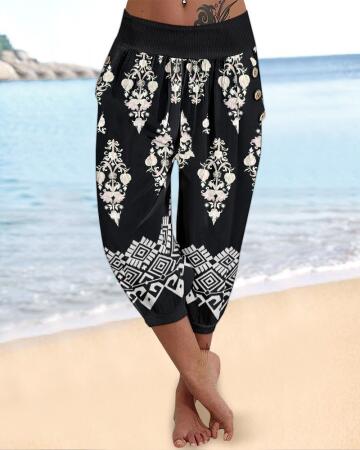 Kadın Beli Lastikli Etnik Desenli Kapri Süprem Pantolon - ANGELINO BuyukBedeniz