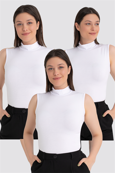 Kadın Beyaz Balıkçı Yaka Kolsuz Body 3'lü Paket - 1
