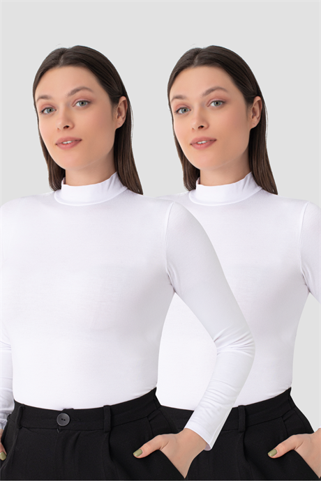 Kadın Beyaz Balıkçı Yaka Uzun Kollu Body 2'li Paket - 1