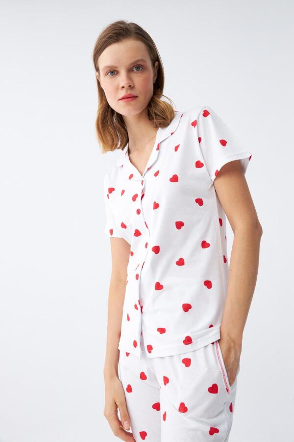 Angelino Kadın Beyaz Kırmızı Kalpli Önden Düğmeli Pijama Takımı - 5