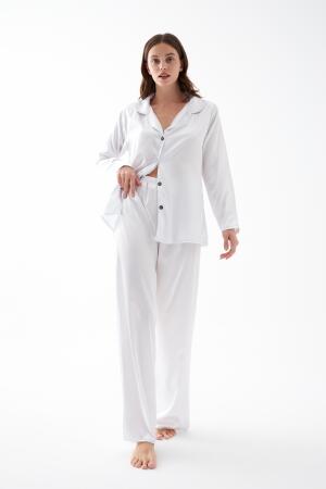 Kadın Beyaz Oversize Saten Pijama Takımı - Angelino (1)