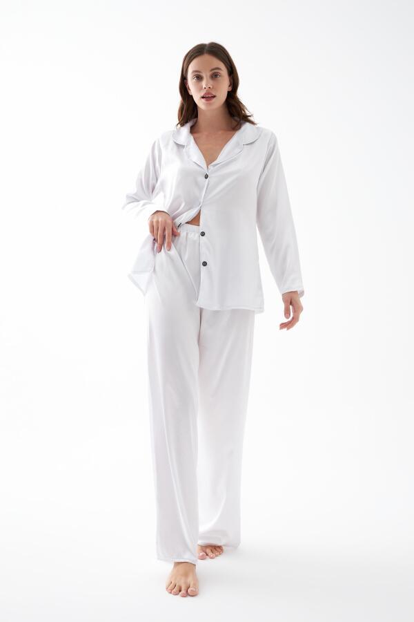 Kadın Beyaz Oversize Saten Pijama Takımı - 2