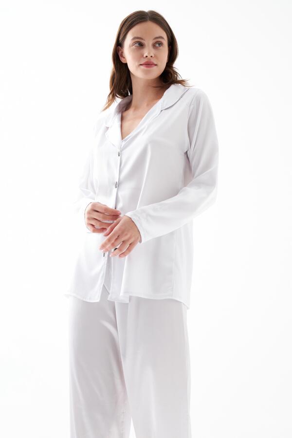 Kadın Beyaz Oversize Saten Pijama Takımı - 3