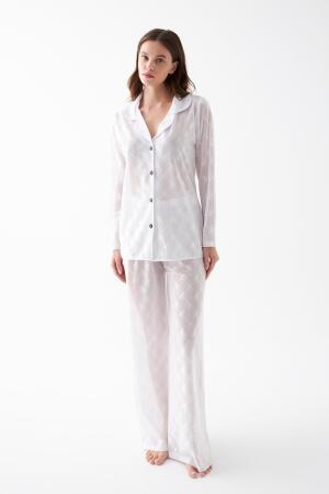 Kadın Beyaz Şeffaf Jakar Düğmeli Pijama Takımı - 5