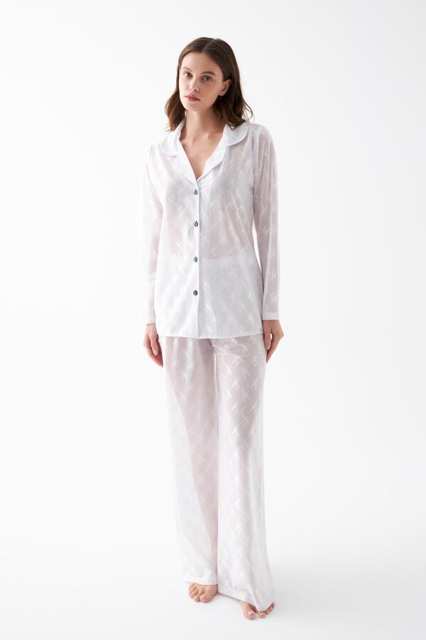 Kadın Beyaz Şeffaf Jakar Düğmeli Pijama Takımı - 5