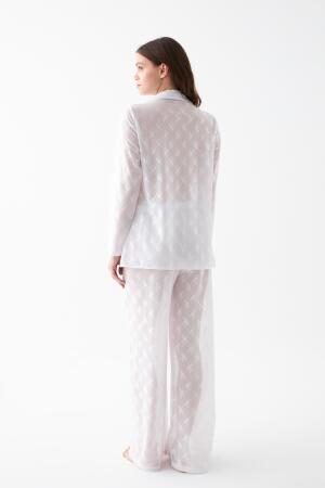 Kadın Beyaz Şeffaf Jakar Düğmeli Pijama Takımı - 7