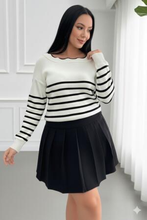 Kadın Beyaz Sırt Bağlama Detaylı çizgi Desen Triko Bluz - ANGELINO BuyukBedeniz