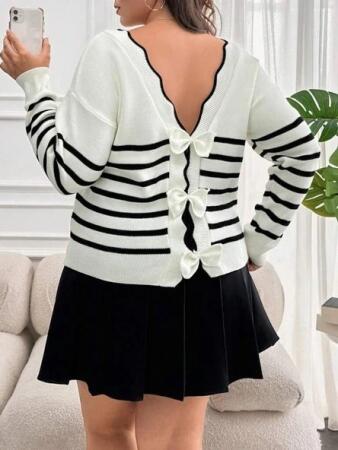 Kadın Beyaz Sırt Bağlama Detaylı çizgi Desen Triko Bluz - ANGELINO BuyukBedeniz