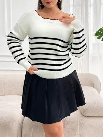 Kadın Beyaz Sırt Bağlama Detaylı çizgi Desen Triko Bluz - ANGELINO BuyukBedeniz (1)