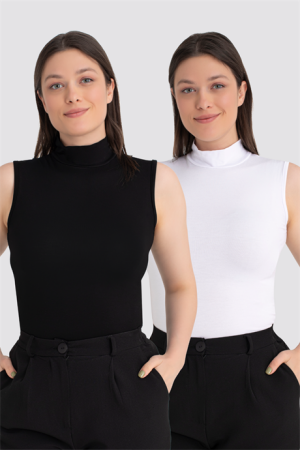 Kadın Beyaz Siyah 2'li Kolsuz Body Balıkçı Yaka - 1