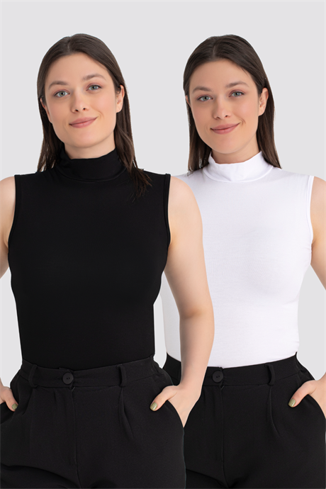 Kadın Beyaz Siyah 2'li Kolsuz Body Balıkçı Yaka - 1