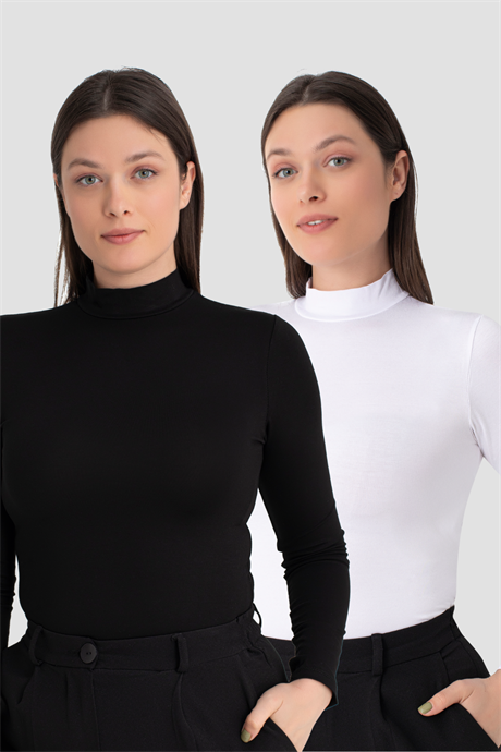 Kadın Beyaz - Siyah Balıkçı Yaka Uzun Kollu Body 2'li Paket - 1