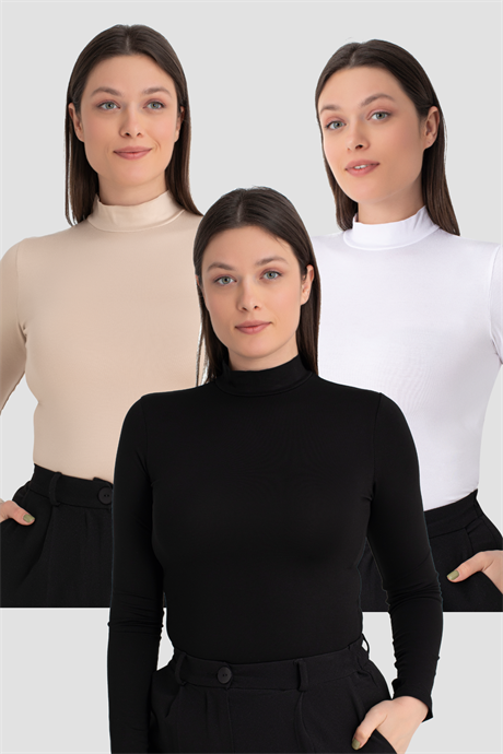 Kadın Beyaz Siyah Ten Balıkçı Yaka Uzun Kollu Body 3 Adet - 1