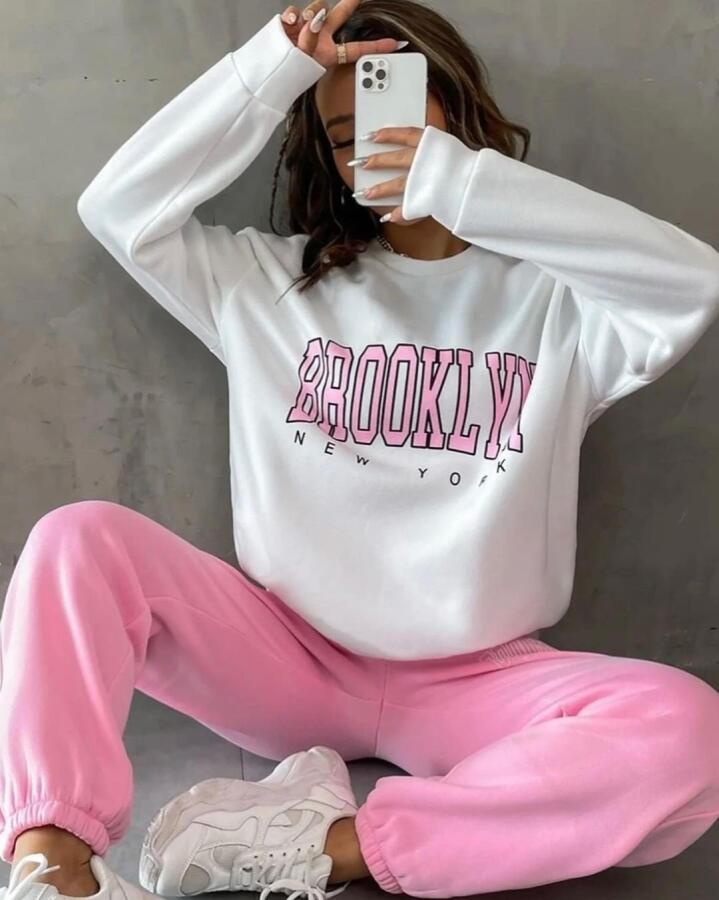 Kadın Bisiklet Yaka Brooklyn Baskılı üç Iplik Kumaş Sweat - 3