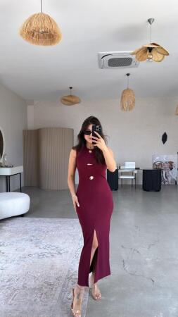 Kadın Bisiklet Yaka Broş Detay Yırtmaçlı Maxi Boy Ottoman Elbise - 1