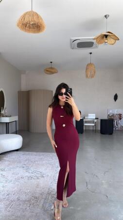 Kadın Bisiklet Yaka Broş Detay Yırtmaçlı Maxi Boy Ottoman Elbise - 2