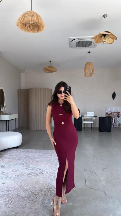 Kadın Bisiklet Yaka Broş Detay Yırtmaçlı Maxi Boy Ottoman Elbise - 2