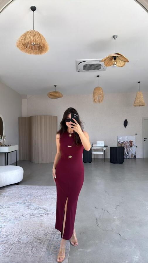 Kadın Bisiklet Yaka Broş Detay Yırtmaçlı Maxi Boy Ottoman Elbise - 4
