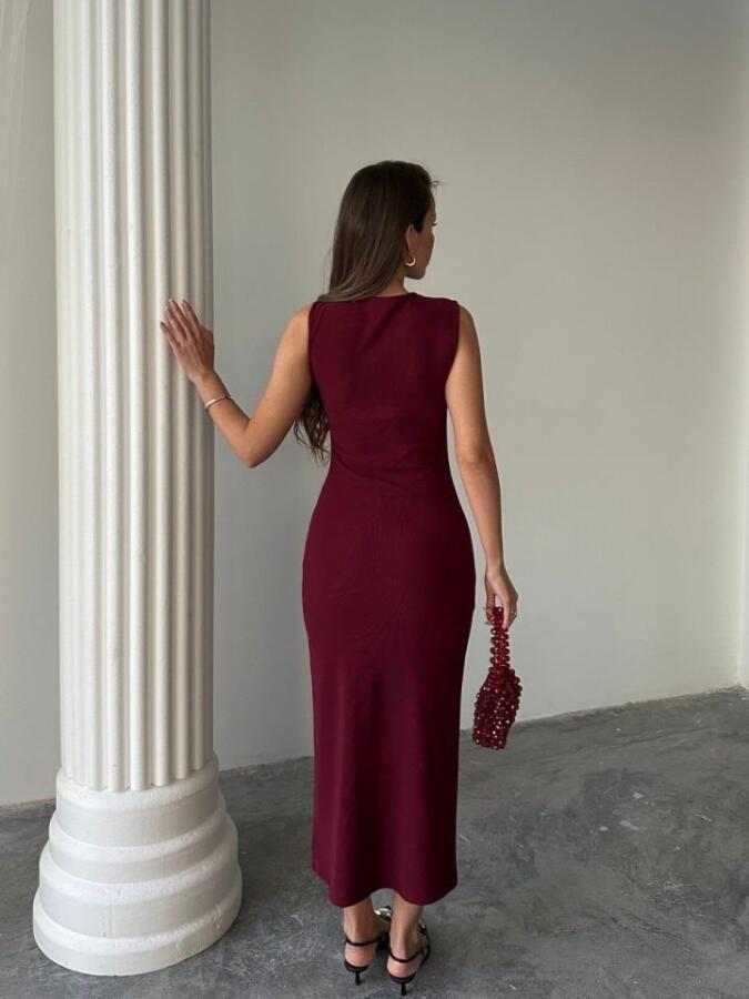 Kadın Bisiklet Yaka Broş Detay Yırtmaçlı Maxi Boy Ottoman Elbise - 5
