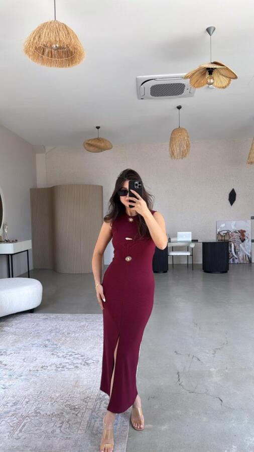 Kadın Bisiklet Yaka Broş Detay Yırtmaçlı Maxi Boy Ottoman Elbise - 7