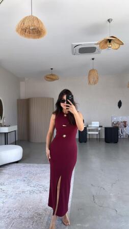 Kadın Bisiklet Yaka Broş Detay Yırtmaçlı Maxi Boy Ottoman Elbise - 8
