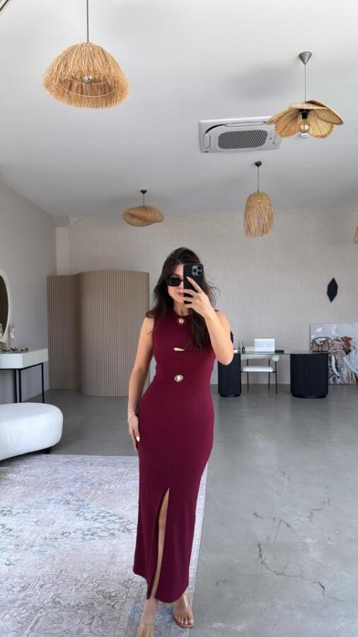 Kadın Bisiklet Yaka Broş Detay Yırtmaçlı Maxi Boy Ottoman Elbise - 8