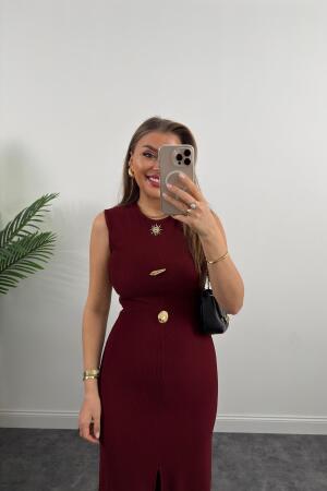 Kadın Bisiklet Yaka Broş Detay Yırtmaçlı Maxi Boy Ottoman Elbise - 14