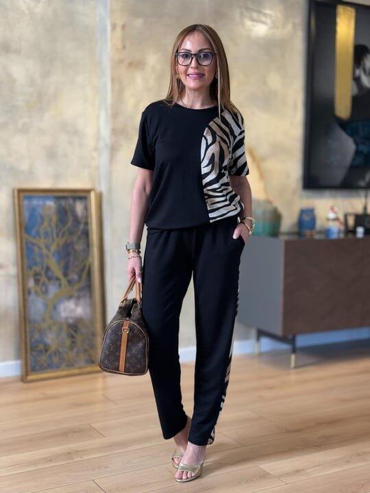 Kadın Bisiklet Yaka Kısa Kol Leopar Desen Bluz Ve Pantolon Ikili Takım - 8