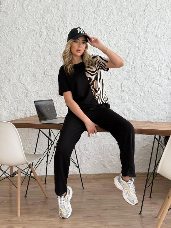 Kadın Bisiklet Yaka Kısa Kol Leopar Desen Bluz Ve Pantolon Ikili Takım - 1