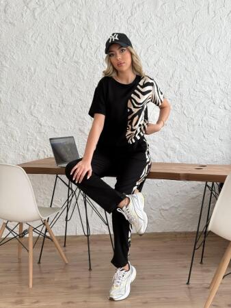 Kadın Bisiklet Yaka Kısa Kol Leopar Desen Bluz Ve Pantolon Ikili Takım - ANGELINO BuyukBedeniz (1)