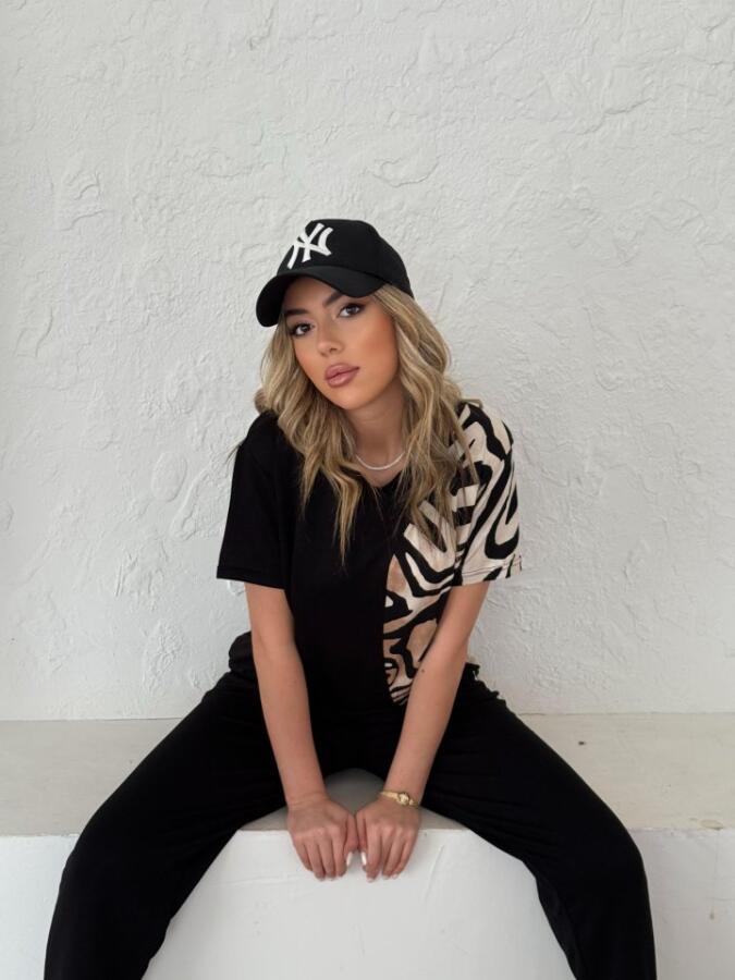 Kadın Bisiklet Yaka Kısa Kol Leopar Desen Bluz Ve Pantolon Ikili Takım - 3