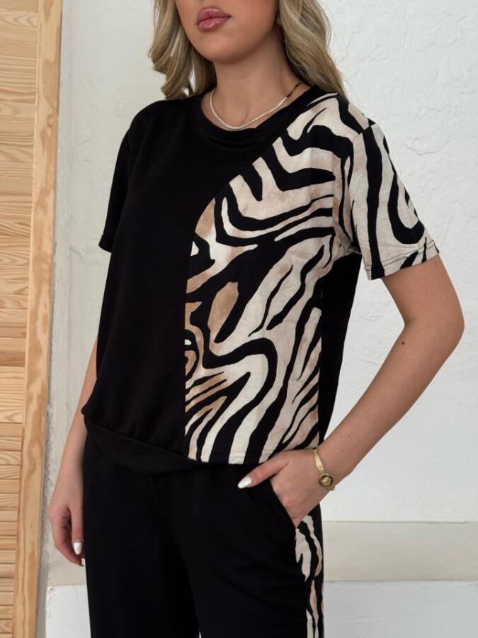 Kadın Bisiklet Yaka Kısa Kol Leopar Desen Bluz Ve Pantolon Ikili Takım - 5