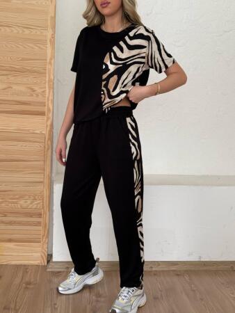 Kadın Bisiklet Yaka Kısa Kol Leopar Desen Bluz Ve Pantolon Ikili Takım - 6