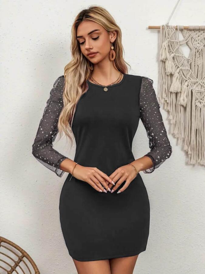 Kadın Bisiklet Yaka Kol Tül Detay Dalgıç Mini Boy Elbise - 3