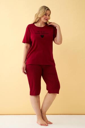 Angelino Kadın Bordo Kalp Desenli Büyük Beden Kapri Pijama Takımı - 1