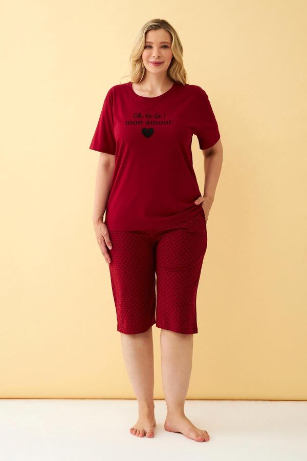 Angelino Kadın Bordo Kalp Desenli Büyük Beden Kapri Pijama Takımı - 4