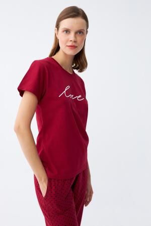 Angelino Kadın Bordo Kalp Desenli Kapri Pijama Takımı - Angelino