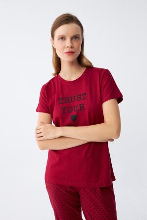 Angelino Kadın Bordo Kalp Desenli Kısa Kollu Penye Pijama Takımı - Angelino