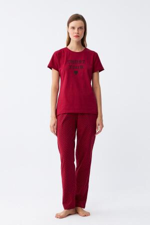 Angelino Kadın Bordo Kalp Desenli Kısa Kollu Penye Pijama Takımı - 4