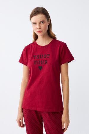 Angelino Kadın Bordo Kalp Desenli Kısa Kollu Penye Pijama Takımı - 5