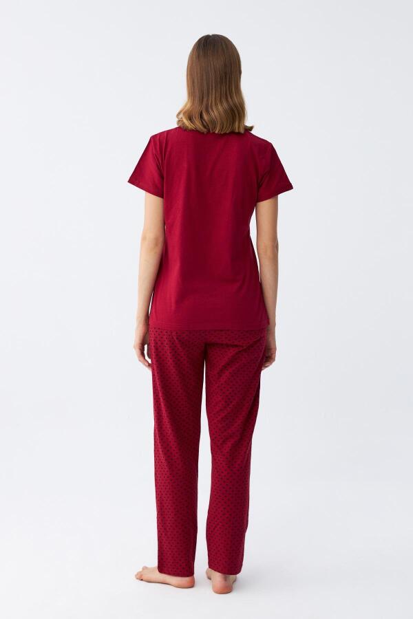 Angelino Kadın Bordo Kalp Desenli Kısa Kollu Penye Pijama Takımı - 6